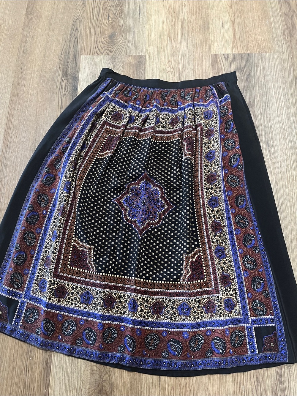 Vtg UMI collections by Anne Crimmins Silk Print A-Line Skirt Black/Purple sz 12